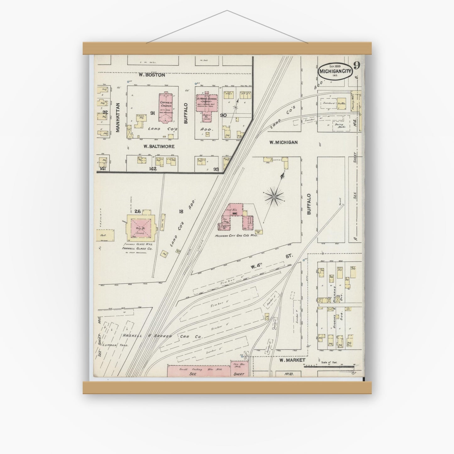 Old map wall art mockup — magnetic wood frame on white wall — Sanborn Fire Insurance Map from Michigan City, La Porte County, Indiana (1889), Sheet #0009