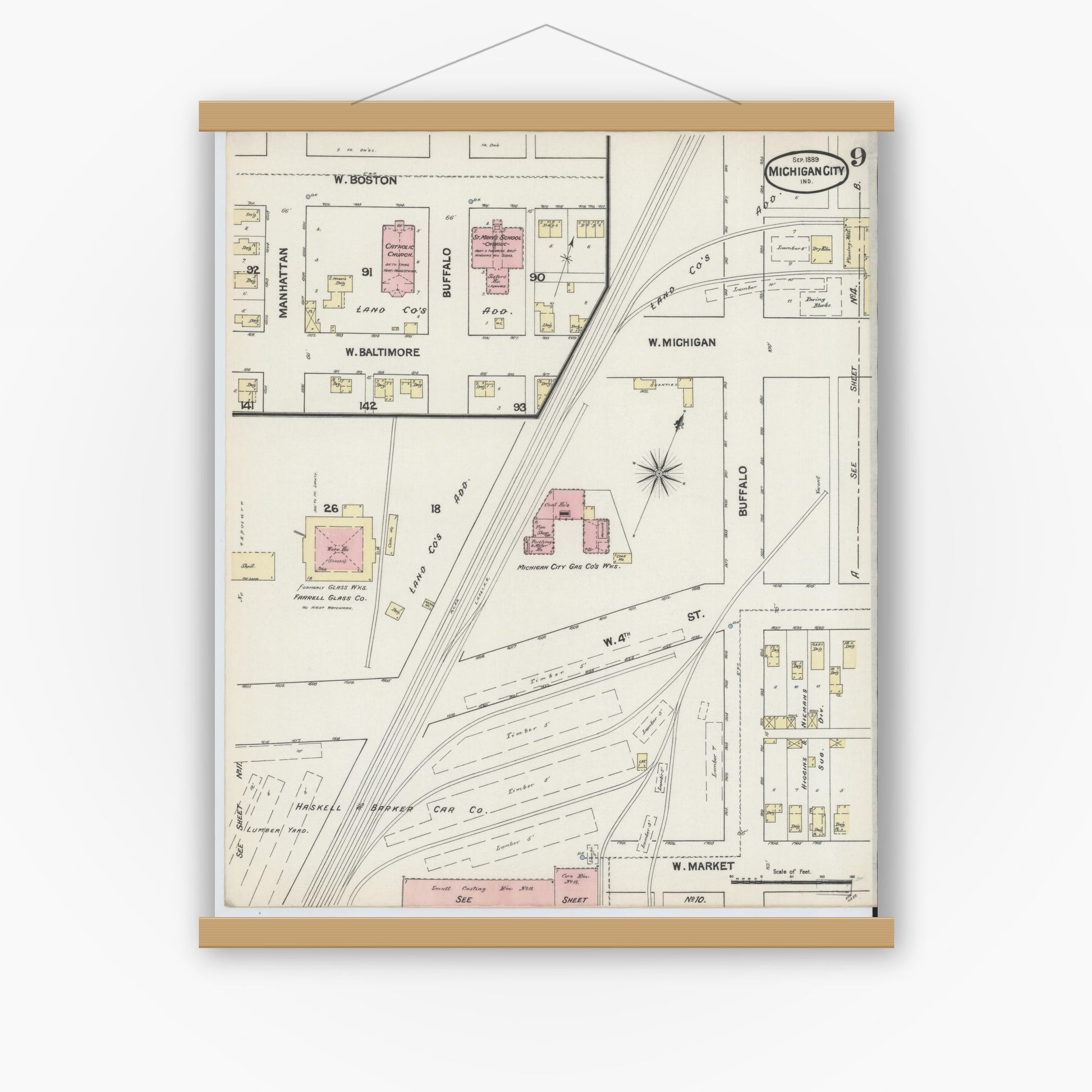Old map wall art mockup — magnetic wood frame on white wall — Sanborn Fire Insurance Map from Michigan City, La Porte County, Indiana (1889), Sheet #0009