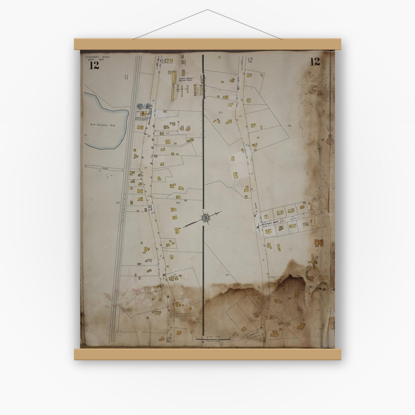 Old map wall art mockup — magnetic wood frame on white wall — Sanborn Fire Insurance Map from Cohasset, Norfolk County, Massachusetts (1963), Sheet #0012