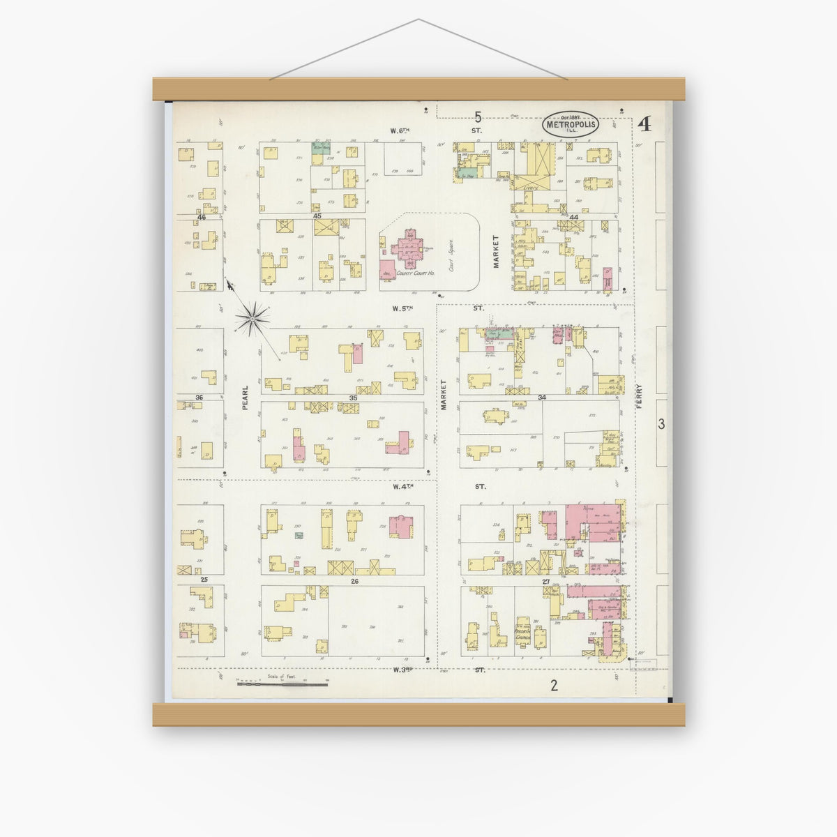 Old map wall art mockup — magnetic wood frame on white wall — Sanborn Fire Insurance Map from Metropolis, Massac County, Illinois (1897), Sheet #0004