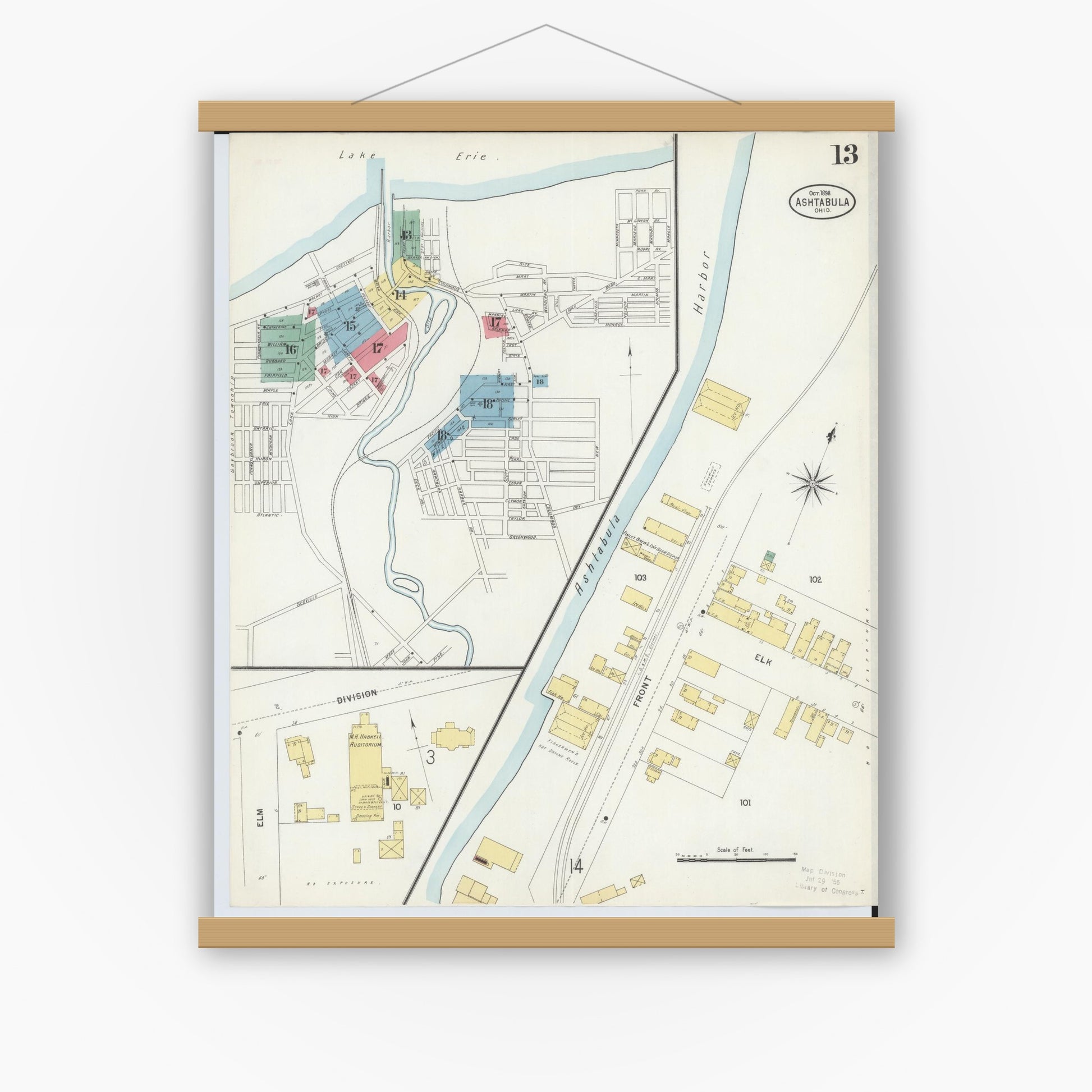 Old map wall art mockup — magnetic wood frame on white wall — Sanborn Fire Insurance Map from Ashtabula, Ashtabula County, Ohio (1898), Sheet #0013