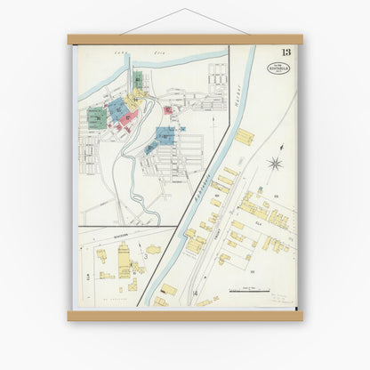 Old map wall art mockup — magnetic wood frame on white wall — Sanborn Fire Insurance Map from Ashtabula, Ashtabula County, Ohio (1898), Sheet #0013