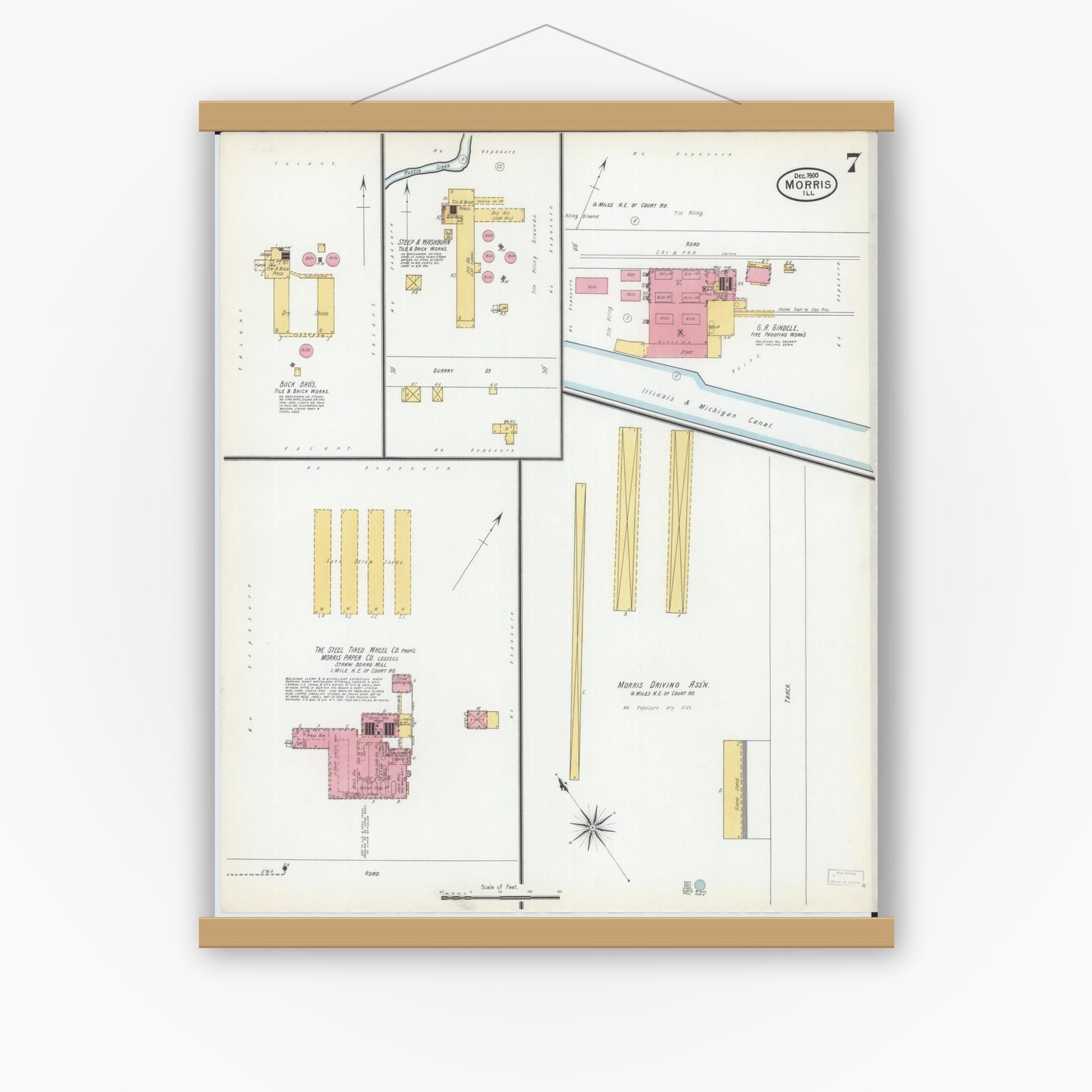 Old map wall art mockup — magnetic wood frame on white wall — Sanborn Fire Insurance Map from Morris, Grundy County, Illinois (1900), Sheet #0007