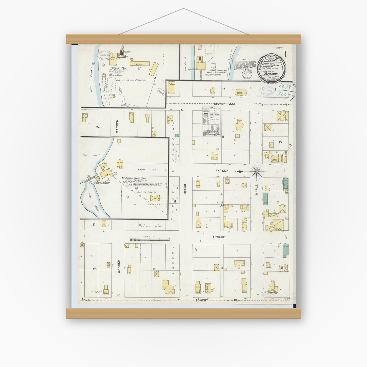 Old map wall art mockup — magnetic wood frame on white wall — Sanborn Fire Insurance Map from Gladwin, Gladwin County, Michigan (1898) - Complete Map Set