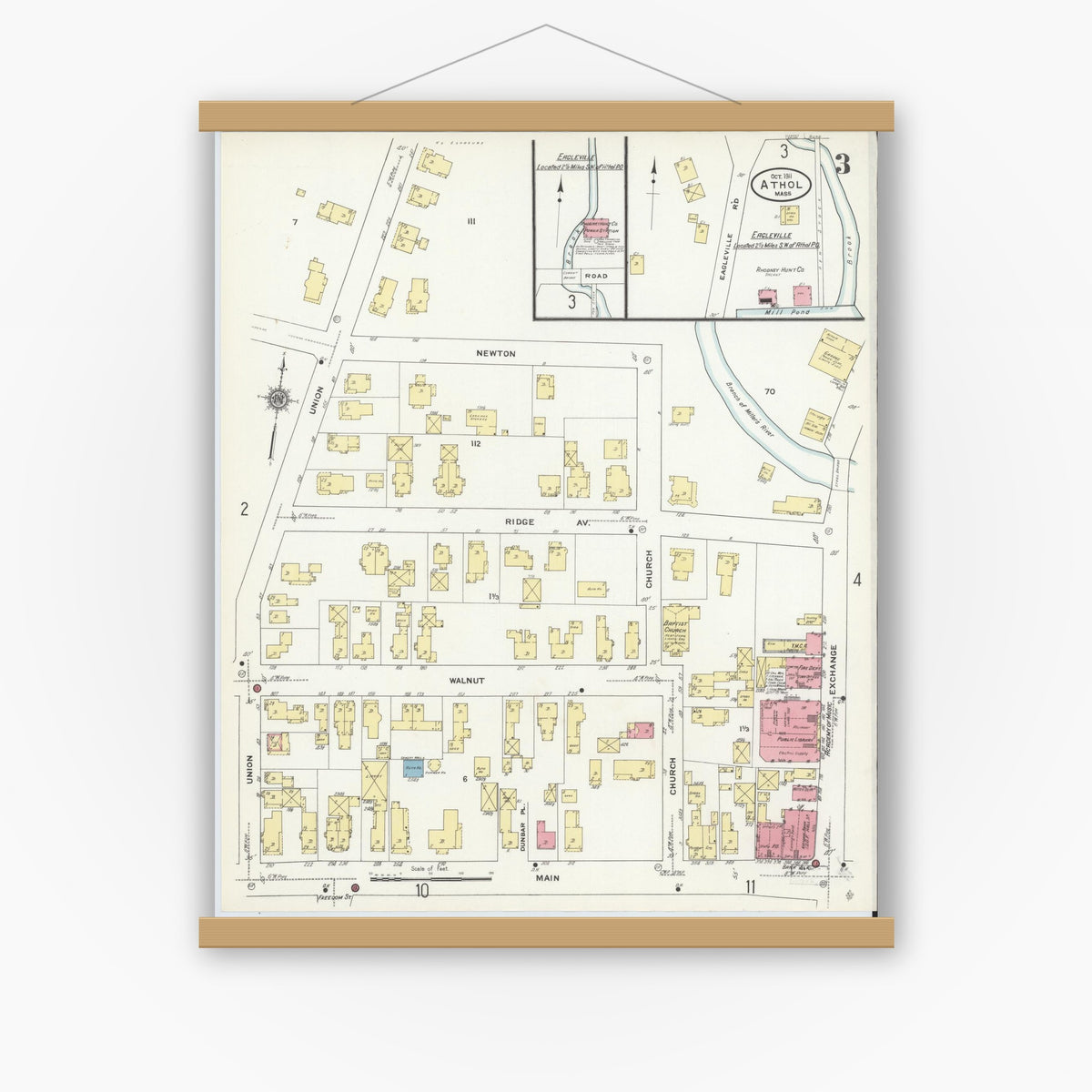 Old map wall art mockup — magnetic wood frame on white wall — Sanborn Fire Insurance Map from Athol, Worcester County, Massachusetts (1911), Sheet #0003