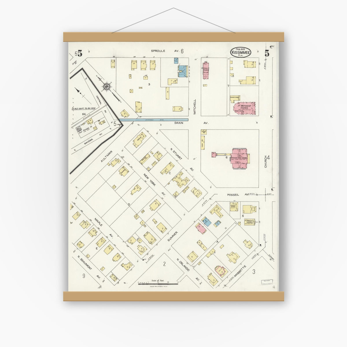 Old map wall art mockup — magnetic wood frame on white wall — Sanborn Fire Insurance Map from Kissimmee, Osceola County, Florida (1926), Sheet #0005