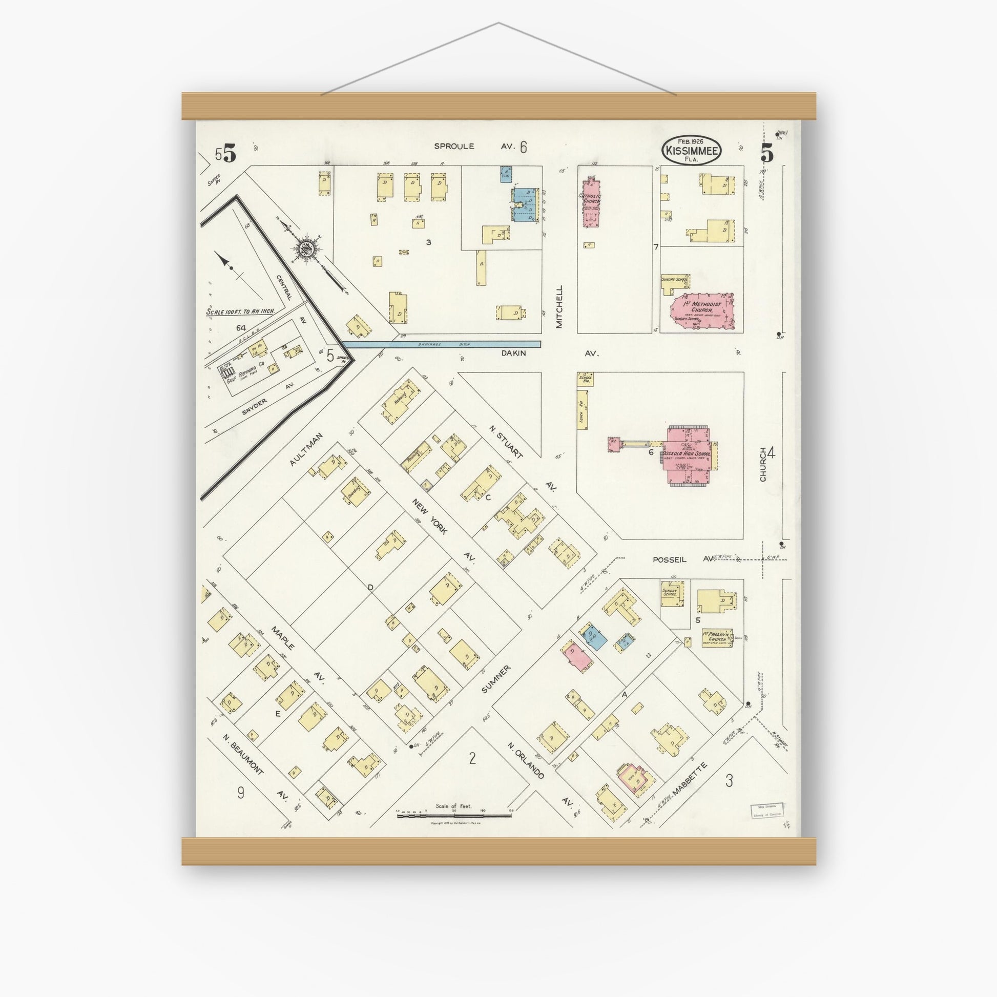 Old map wall art mockup — magnetic wood frame on white wall — Sanborn Fire Insurance Map from Kissimmee, Osceola County, Florida (1926), Sheet #0005