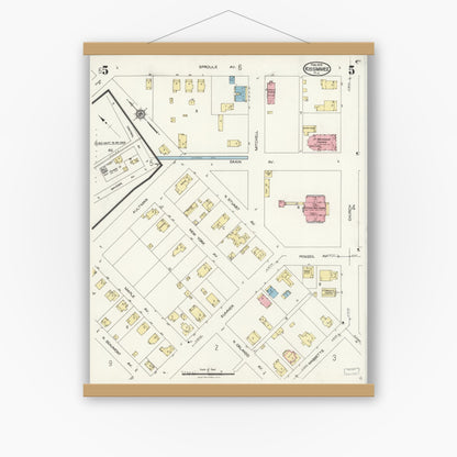 Old map wall art mockup — magnetic wood frame on white wall — Sanborn Fire Insurance Map from Kissimmee, Osceola County, Florida (1926), Sheet #0005