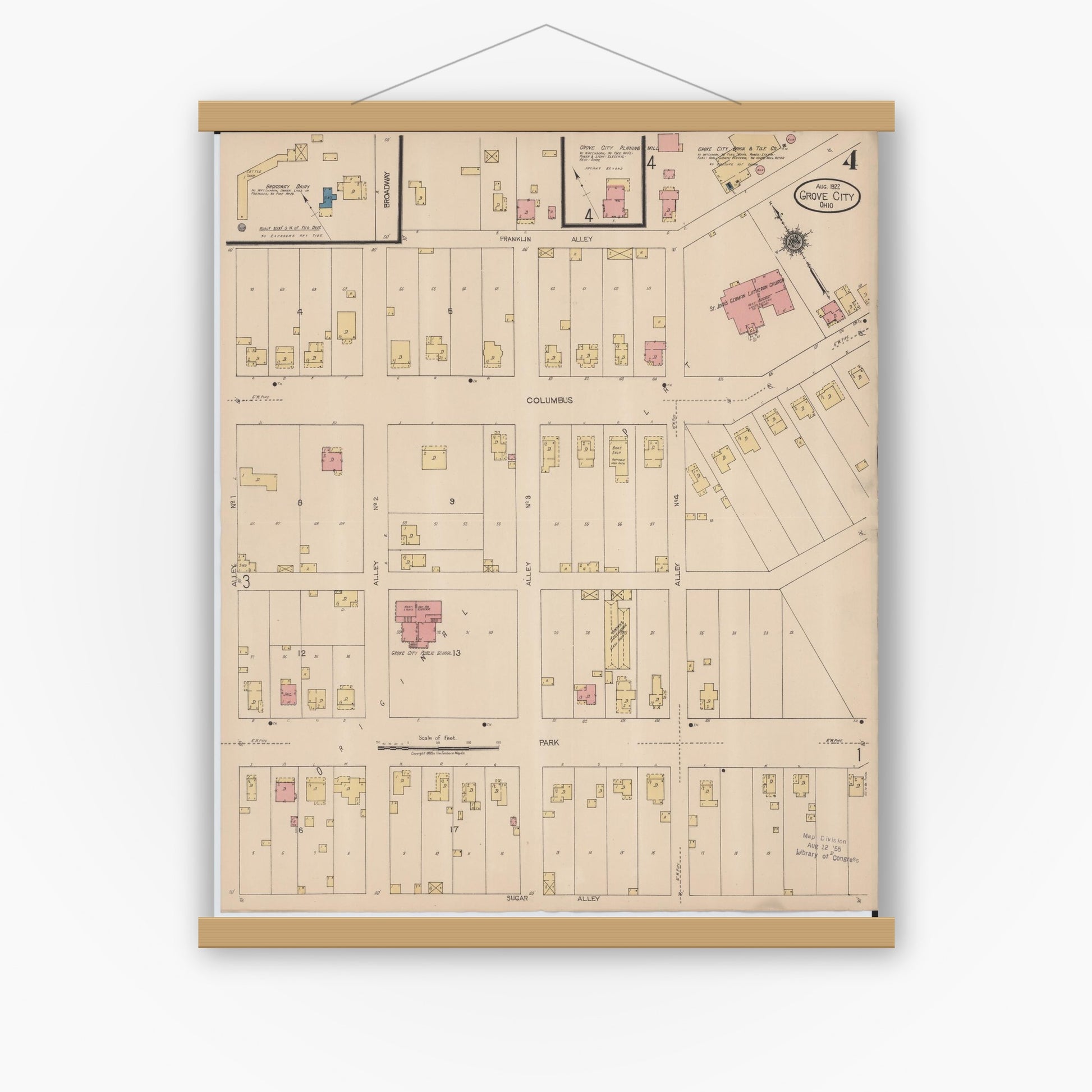 Old map wall art mockup — magnetic wood frame on white wall — Sanborn Fire Insurance Map from Grove City, Franklin County, Ohio (1922), Sheet #0004