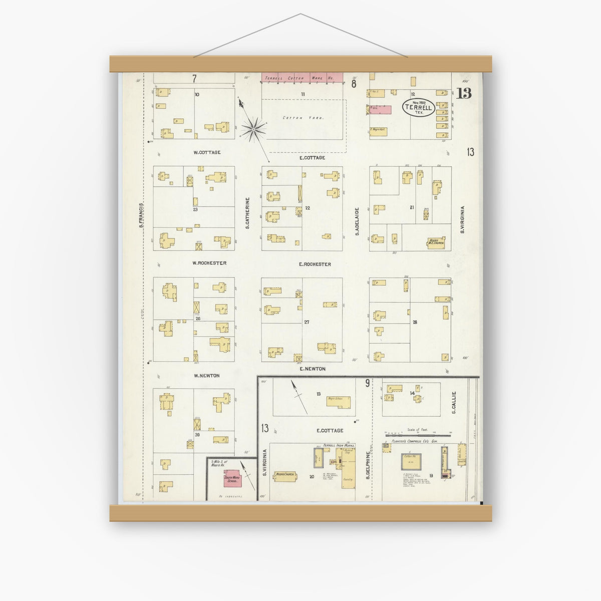 Old map wall art mockup — magnetic wood frame on white wall — Sanborn Fire Insurance Map from Terrell, Kaufman County, Texas (1902), Sheet #0013