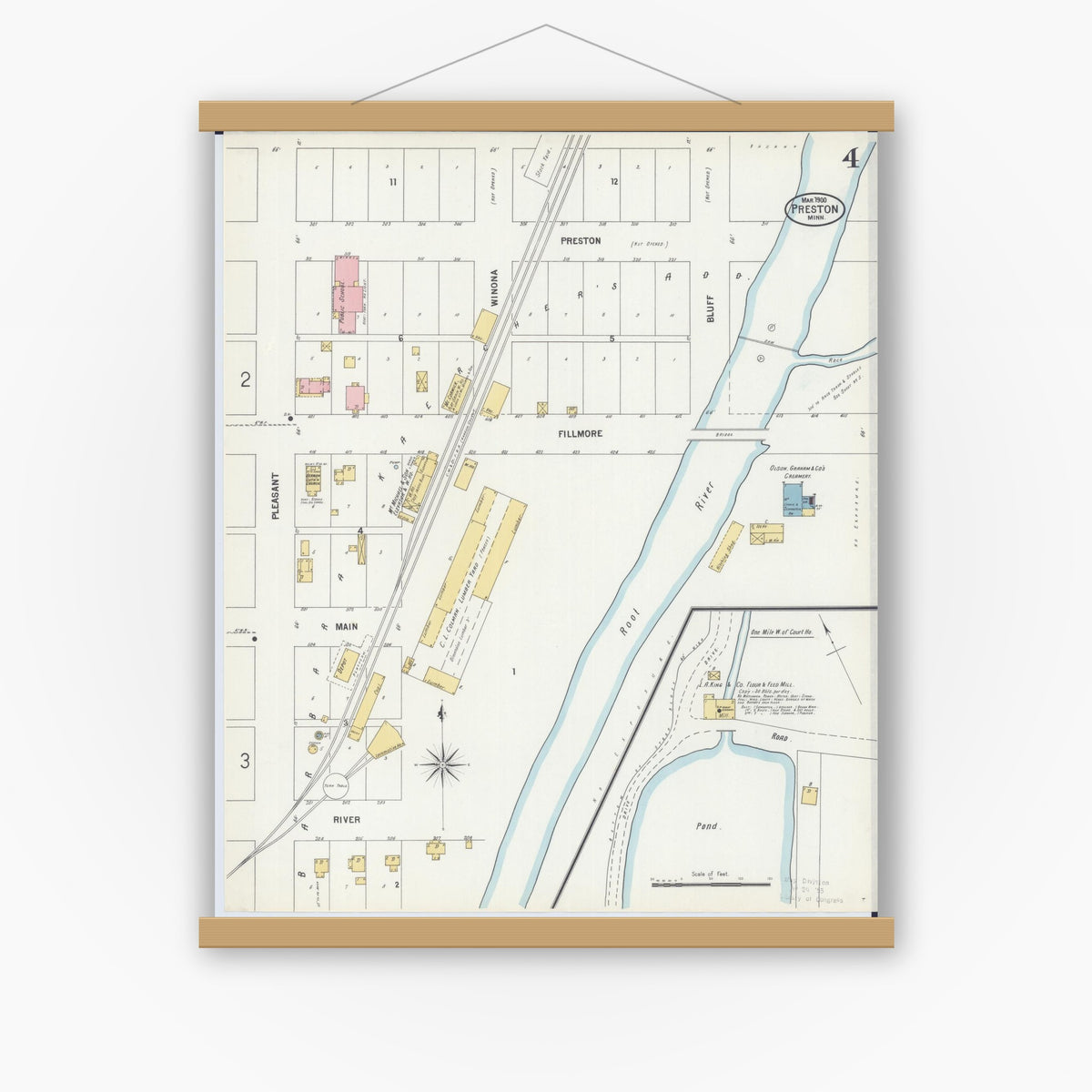 Old map wall art mockup — magnetic wood frame on white wall — Sanborn Fire Insurance Map from Preston, Fillmore County, Minnesota (1900), Sheet #0004