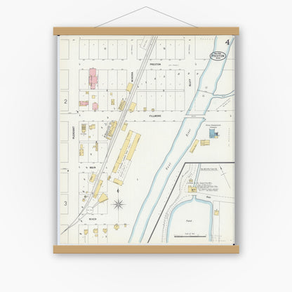 Old map wall art mockup — magnetic wood frame on white wall — Sanborn Fire Insurance Map from Preston, Fillmore County, Minnesota (1900), Sheet #0004