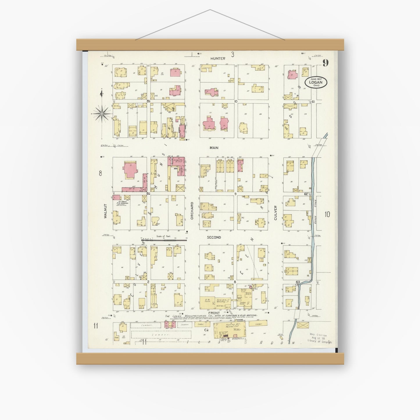 Old map wall art mockup — magnetic wood frame on white wall — Sanborn Fire Insurance Map from Logan, Hocking County, Ohio (1907), Sheet #0009