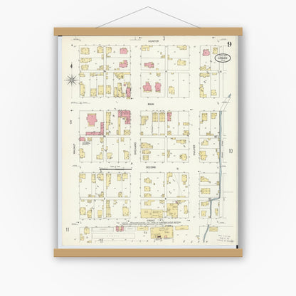 Old map wall art mockup — magnetic wood frame on white wall — Sanborn Fire Insurance Map from Logan, Hocking County, Ohio (1907), Sheet #0009
