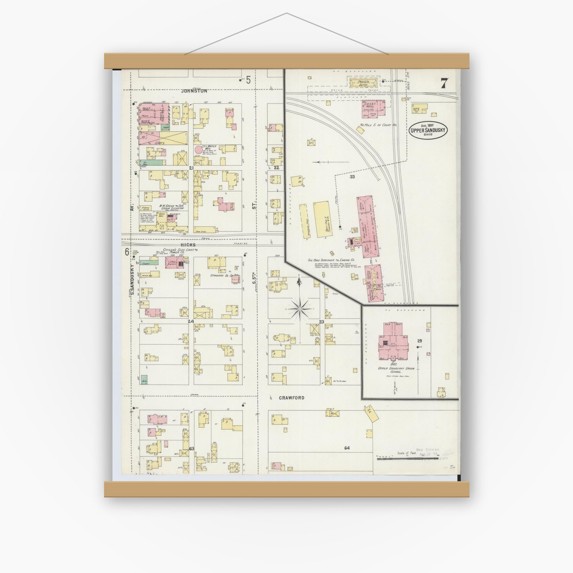 Old map wall art mockup — magnetic wood frame on white wall — Sanborn Fire Insurance Map from Upper Sandusky, Wyandot County, Ohio (1897), Sheet #0007