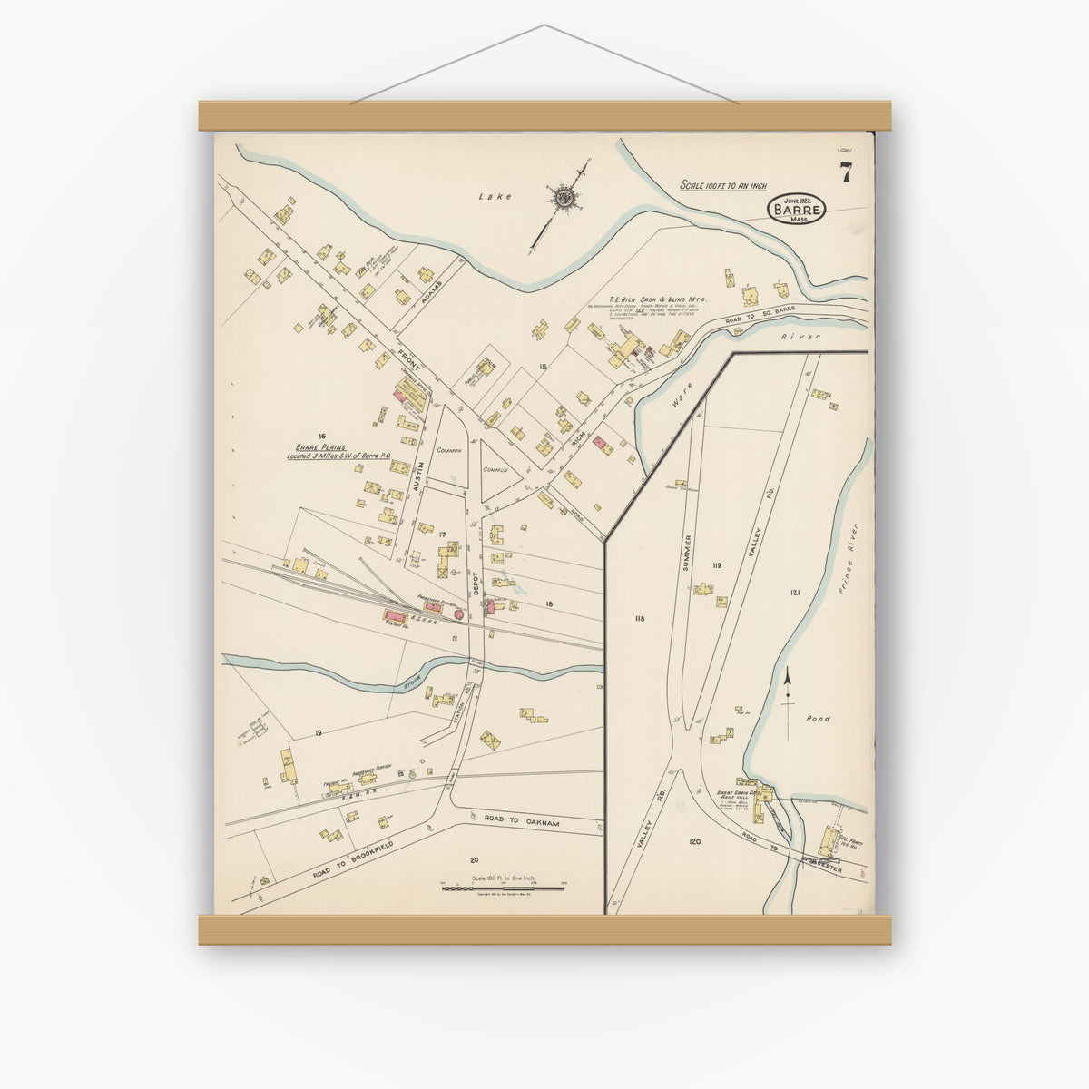 Old map wall art mockup — magnetic wood frame on white wall — Sanborn Fire Insurance Map from Barre, Worcester County, Massachusetts (1922), Sheet #0007