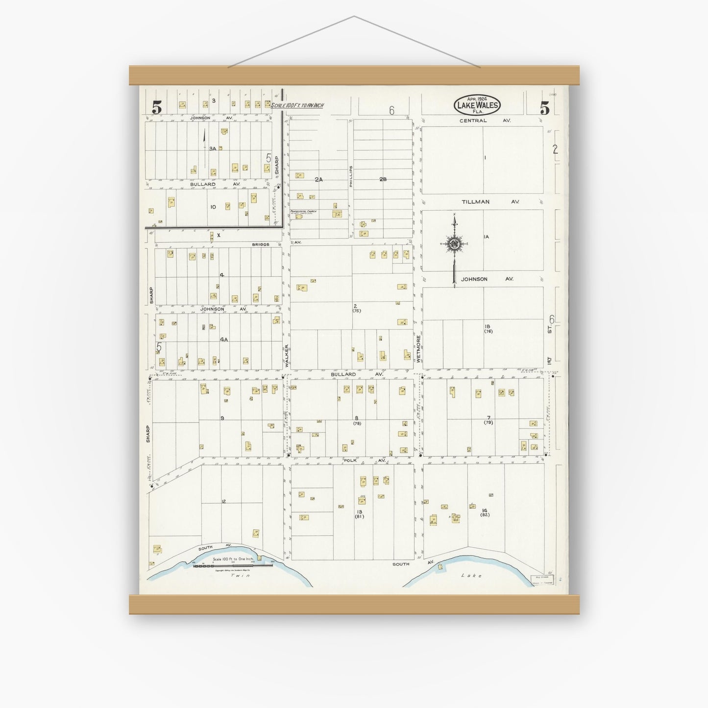 Old map wall art mockup — magnetic wood frame on white wall — Sanborn Fire Insurance Map from Lake Wales, Polk County, Florida (1924), Sheet #0005