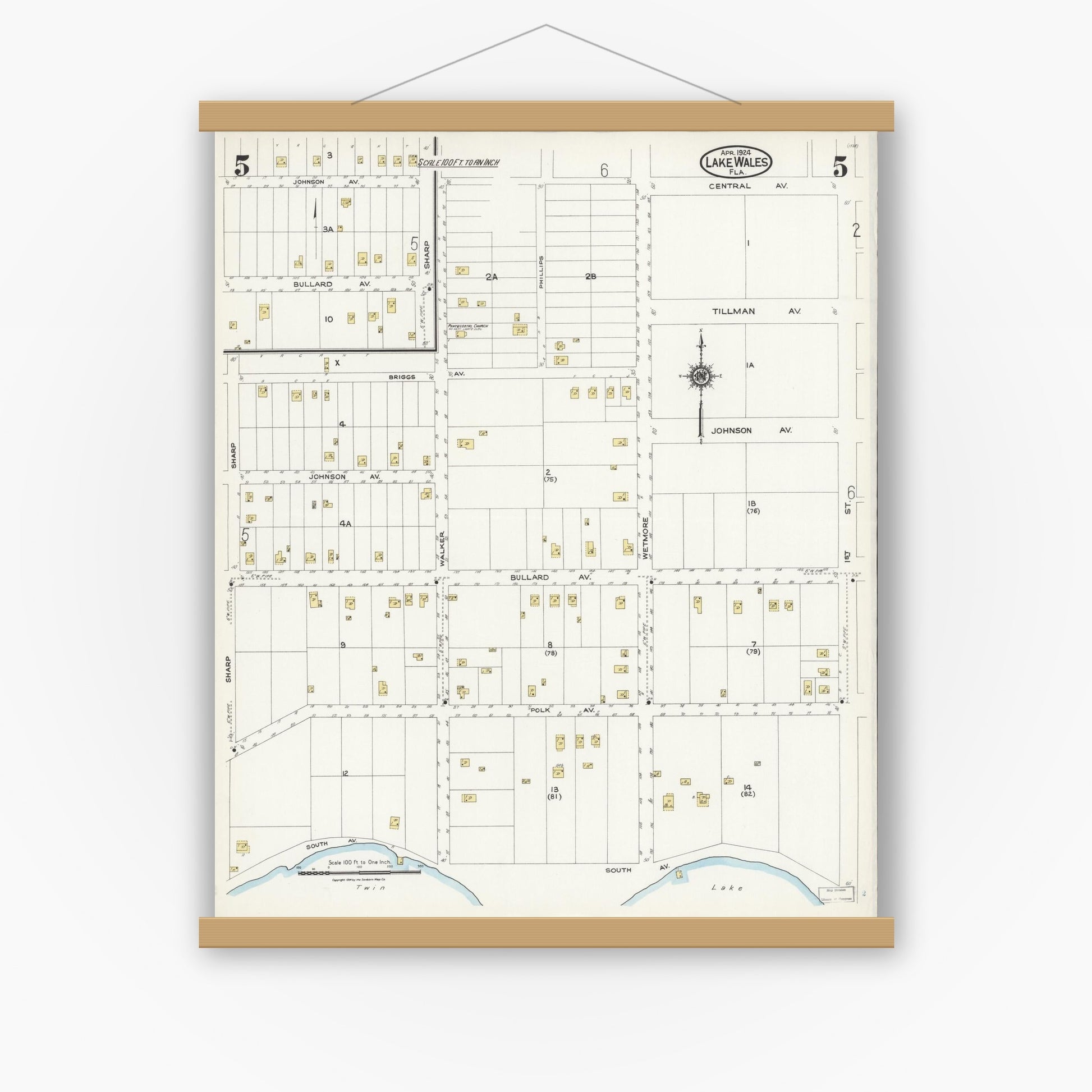 Old map wall art mockup — magnetic wood frame on white wall — Sanborn Fire Insurance Map from Lake Wales, Polk County, Florida (1924), Sheet #0005