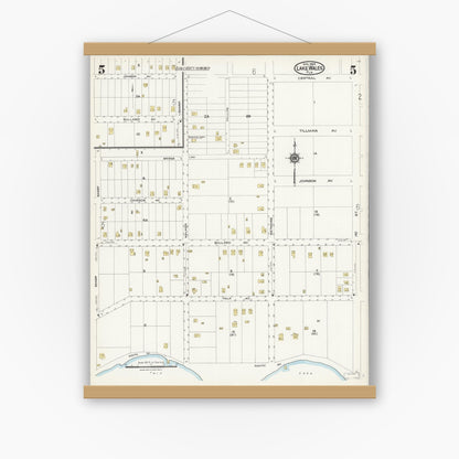 Old map wall art mockup — magnetic wood frame on white wall — Sanborn Fire Insurance Map from Lake Wales, Polk County, Florida (1924), Sheet #0005