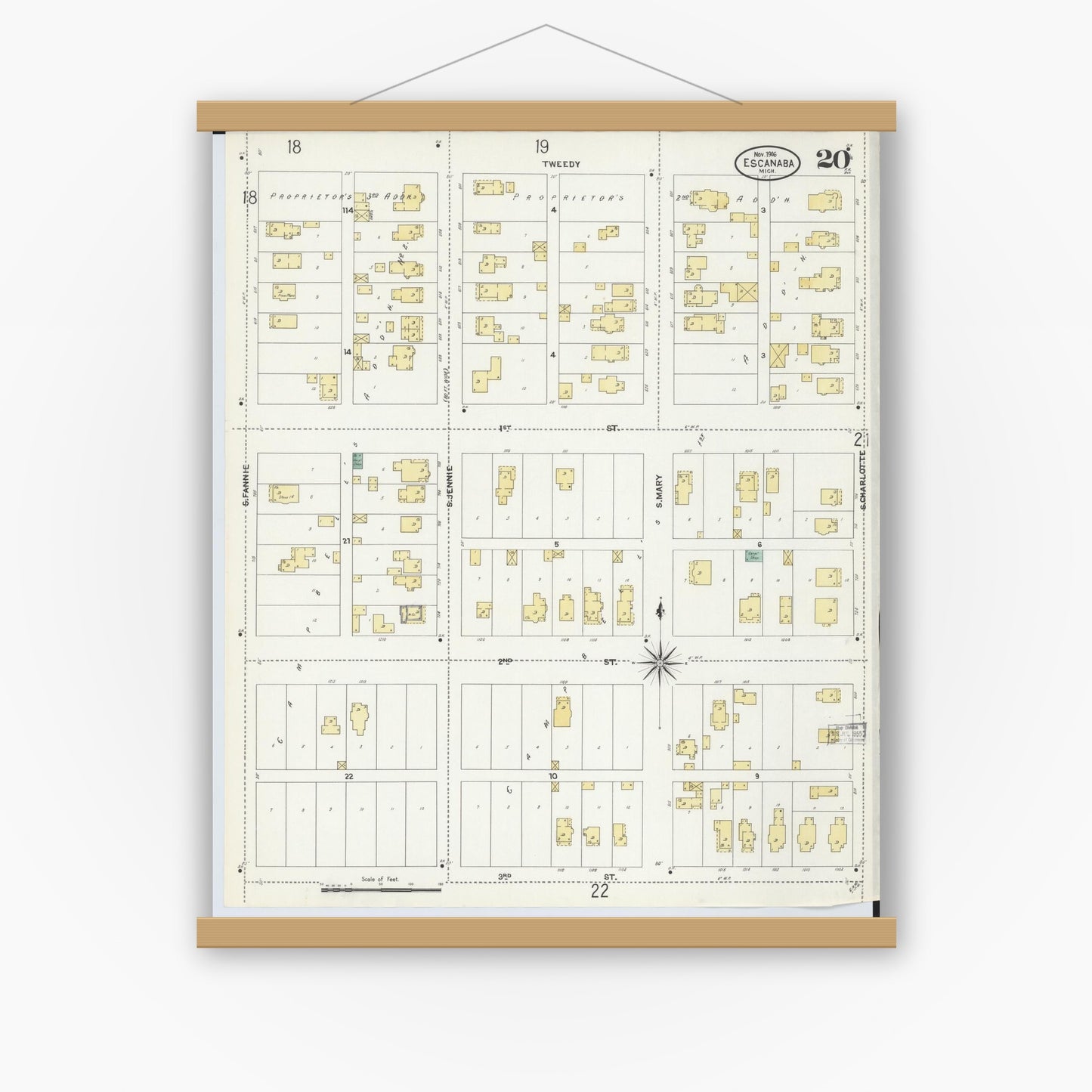 Old map wall art mockup — magnetic wood frame on white wall — Sanborn Fire Insurance Map from Escanaba, Delta County, Michigan (1906), Sheet #0020