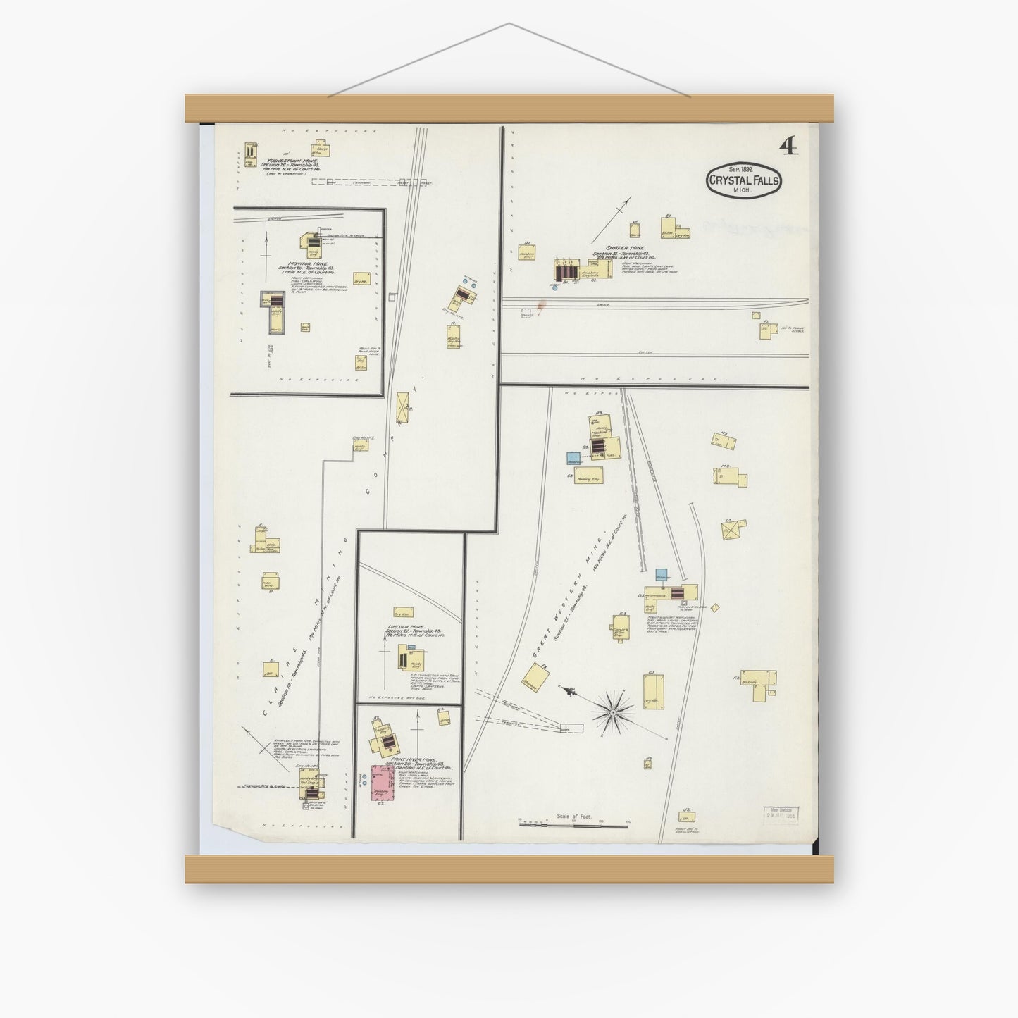 Old map wall art mockup — magnetic wood frame on white wall — Sanborn Fire Insurance Map from Crystal Falls, Iron County, Michigan (1892), Sheet #0004