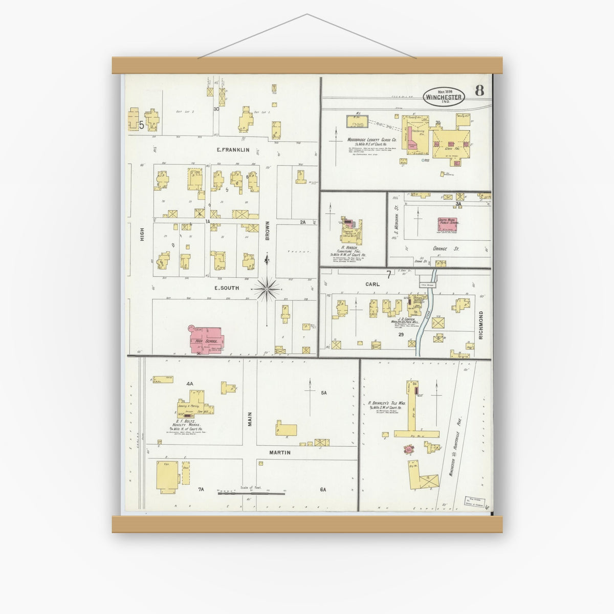 Old map wall art mockup — magnetic wood frame on white wall — Sanborn Fire Insurance Map from Winchester, Randolph County, Indiana (1899), Sheet #0008