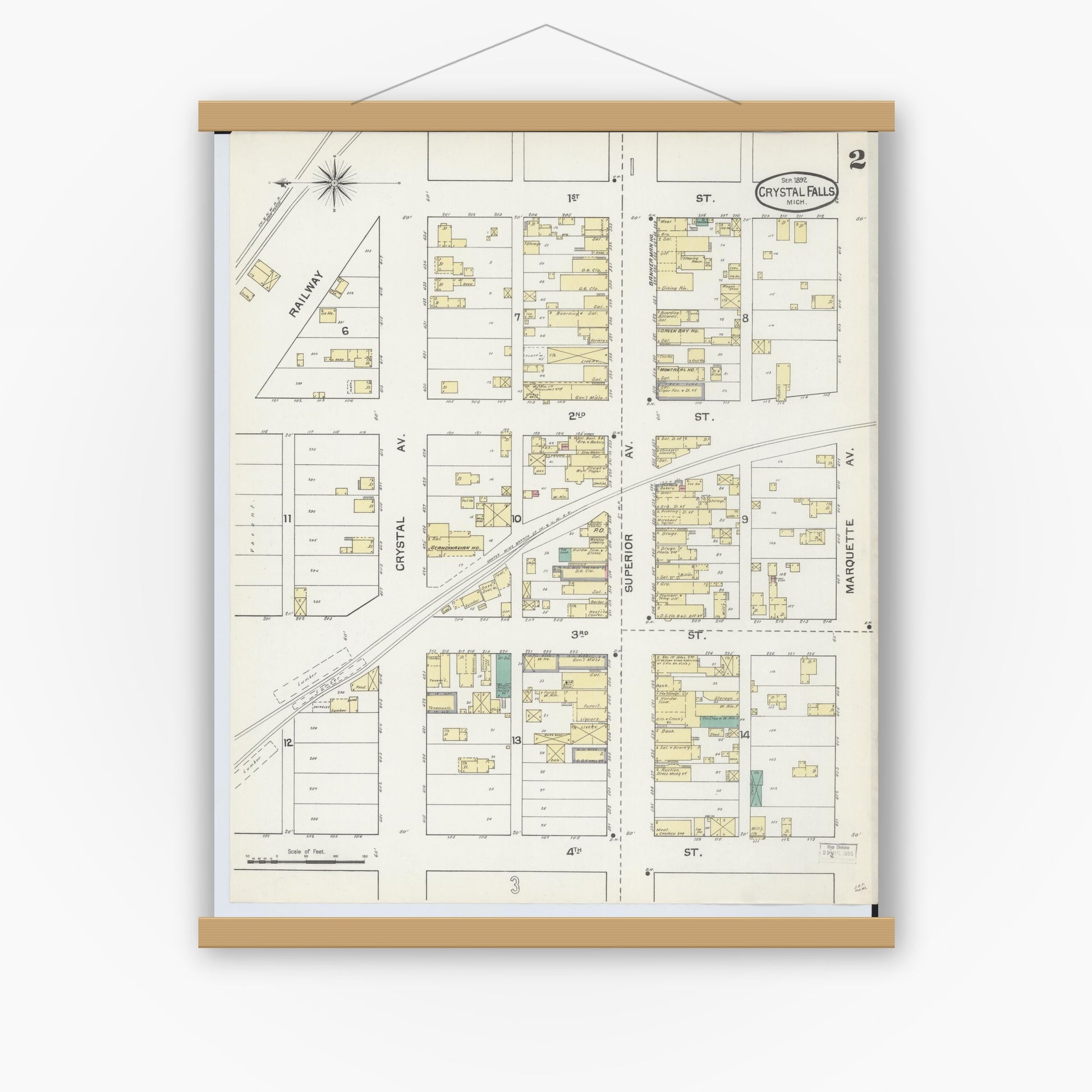 Old map wall art mockup — magnetic wood frame on white wall — Sanborn Fire Insurance Map from Crystal Falls, Iron County, Michigan (1892), Sheet #0002