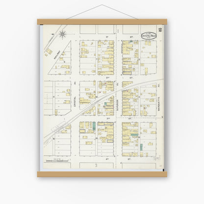 Old map wall art mockup — magnetic wood frame on white wall — Sanborn Fire Insurance Map from Crystal Falls, Iron County, Michigan (1892), Sheet #0002