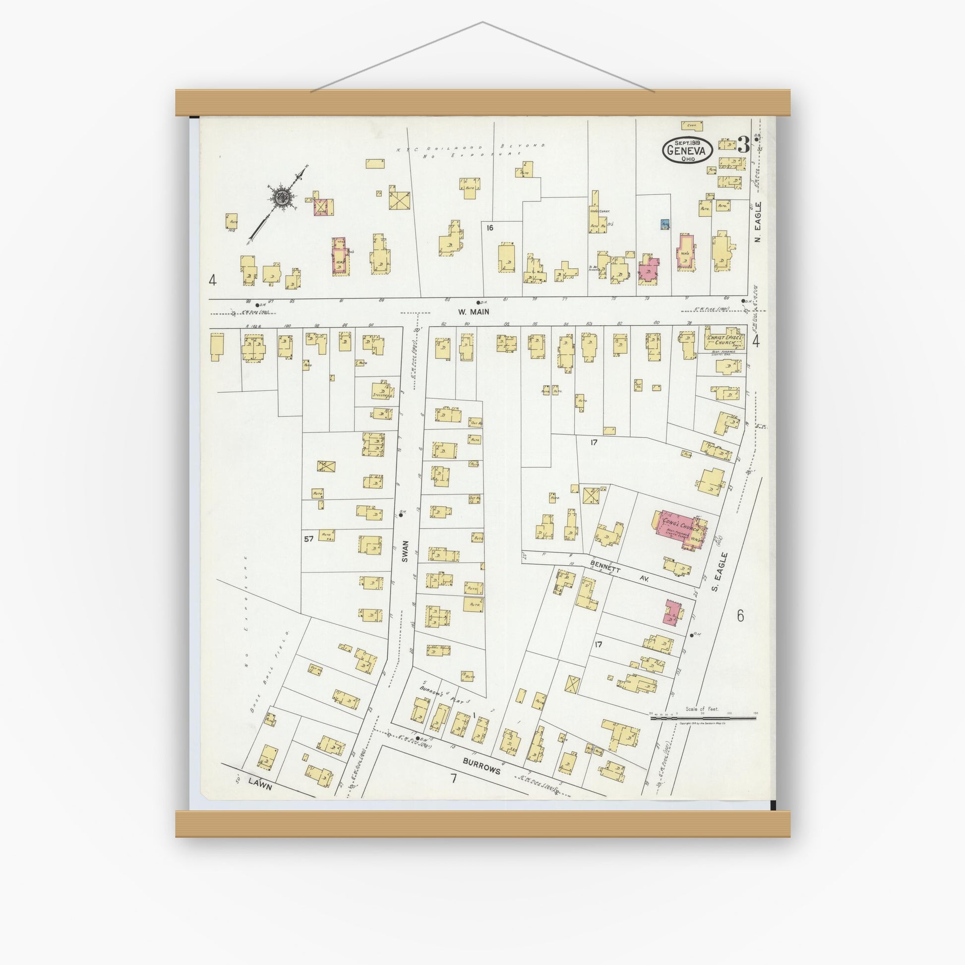 Old map wall art mockup — magnetic wood frame on white wall — Sanborn Fire Insurance Map from Geneva, Ashtabula County, Ohio (1919), Sheet #0003