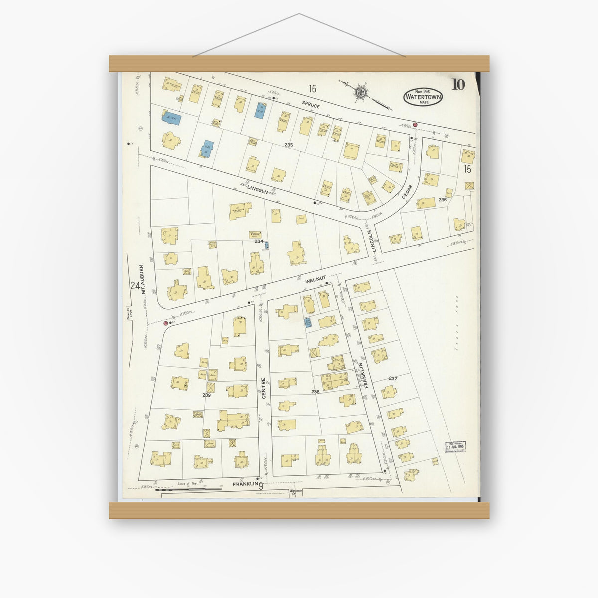 Old map wall art mockup — magnetic wood frame on white wall — Sanborn Fire Insurance Map from Watertown, Middlesex County, Massachusetts (1916), Sheet #0010