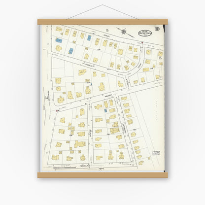 Old map wall art mockup — magnetic wood frame on white wall — Sanborn Fire Insurance Map from Watertown, Middlesex County, Massachusetts (1916), Sheet #0010