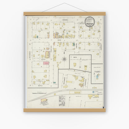 Old map wall art mockup — magnetic wood frame on white wall — Sanborn Fire Insurance Map from Montfort, Grant County, Wisconsin (1894), Sheet #0001