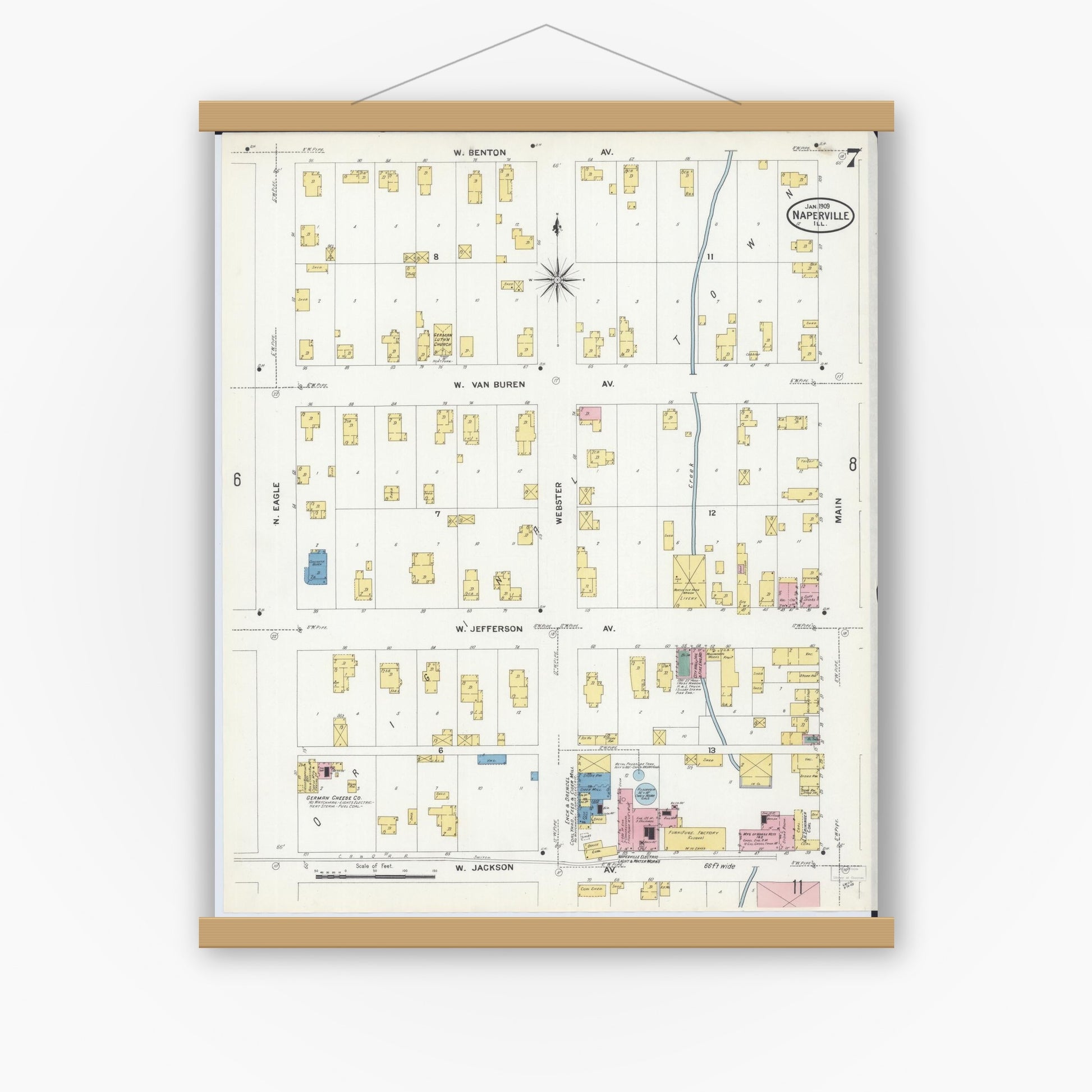 Old map wall art mockup — magnetic wood frame on white wall — Sanborn Fire Insurance Map from Naperville, Du Page County, Illinois (1909), Sheet #0007