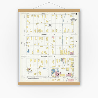 Old map wall art mockup — magnetic wood frame on white wall — Sanborn Fire Insurance Map from Naperville, Du Page County, Illinois (1909), Sheet #0007