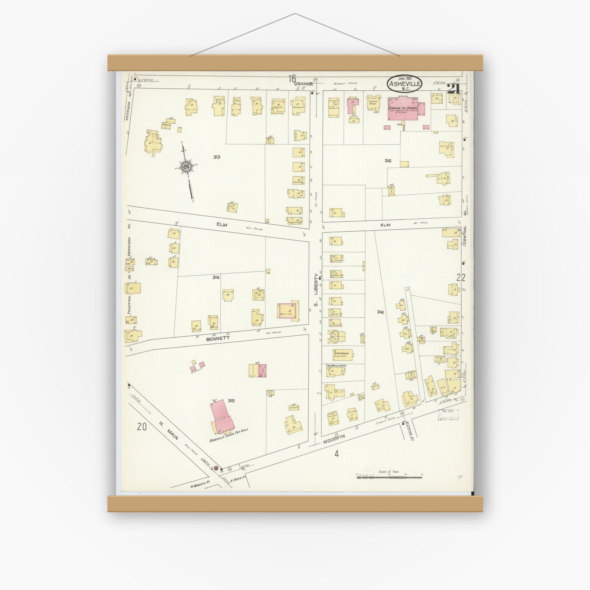 Old map wall art mockup — magnetic wood frame on white wall — Sanborn Fire Insurance Map from Asheville, Buncombe County, North Carolina (1913), Sheet #0021