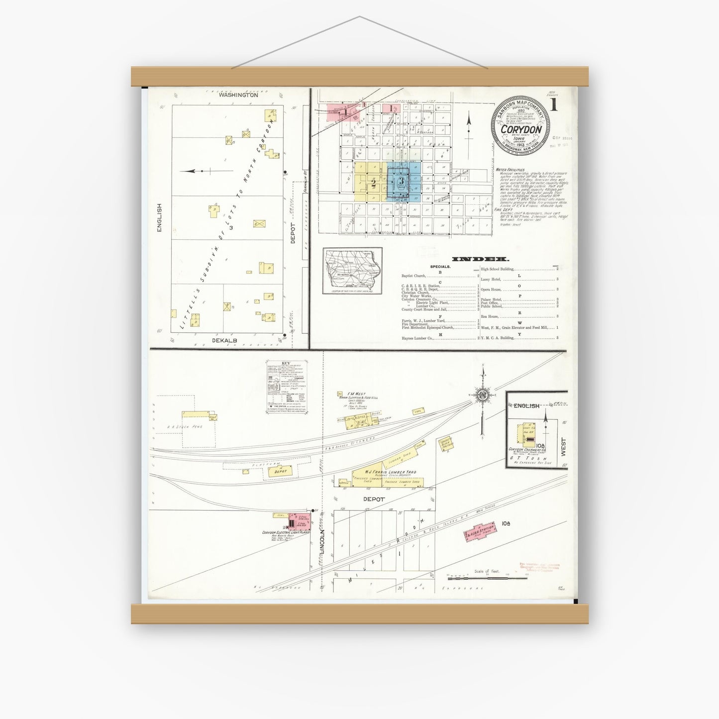 Old map wall art mockup — magnetic wood frame on white wall — Sanborn Fire Insurance Map from Corydon, Wayne County, Iowa (1913), Sheet #0001