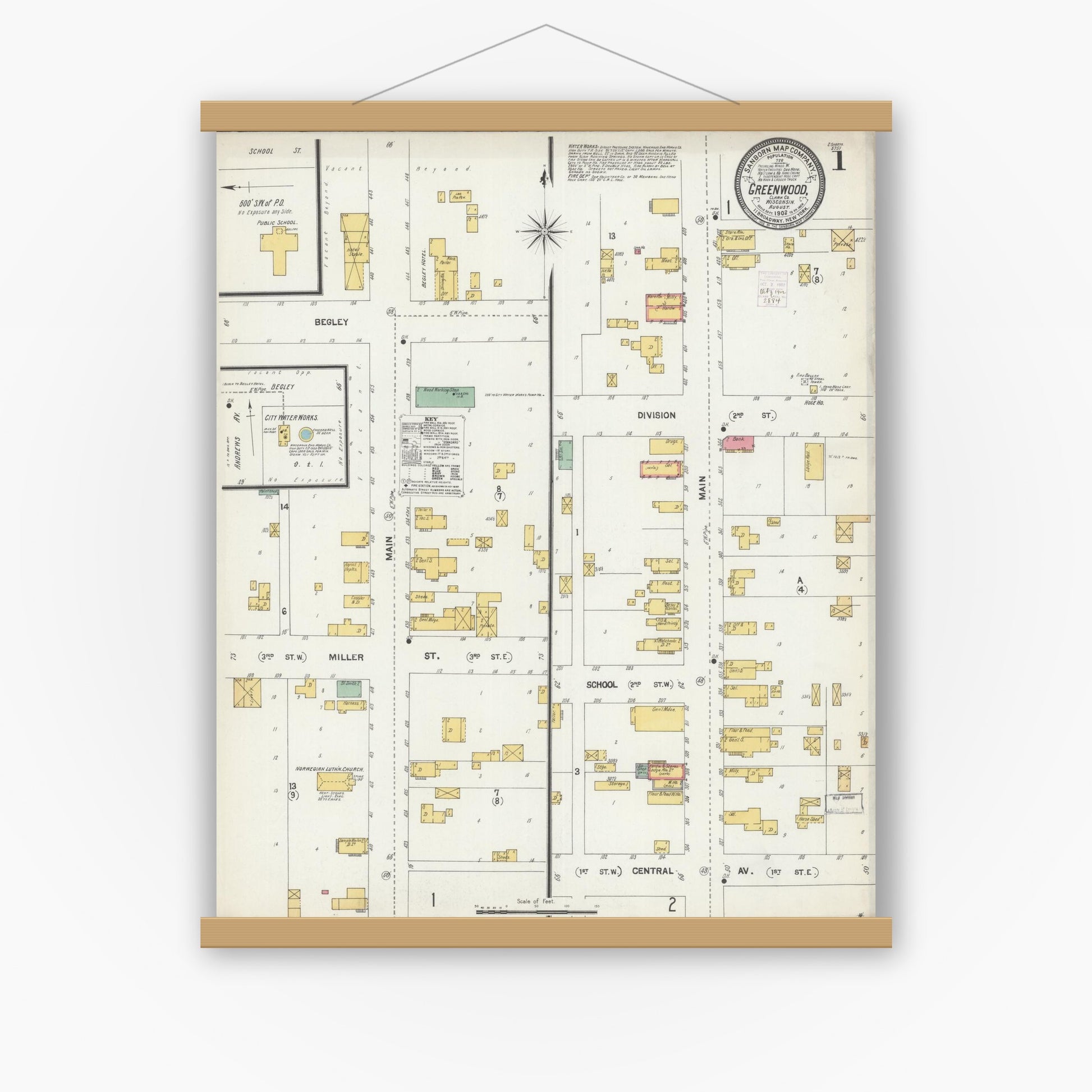 Old map wall art mockup — magnetic wood frame on white wall — Sanborn Fire Insurance Map from Greenwood, Clark County, Wisconsin (1902), Sheet #0001