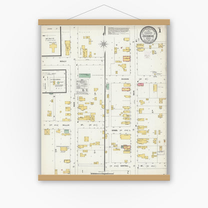 Old map wall art mockup — magnetic wood frame on white wall — Sanborn Fire Insurance Map from Greenwood, Clark County, Wisconsin (1902), Sheet #0001
