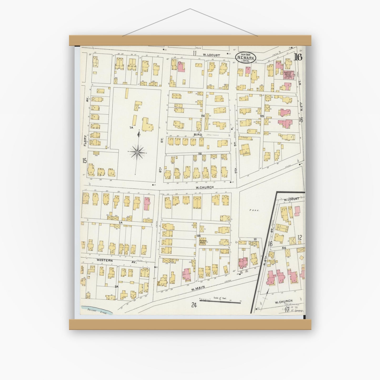 Old map wall art mockup — magnetic wood frame on white wall — Sanborn Fire Insurance Map from Newark, Licking County, Ohio (1905), Sheet #0016