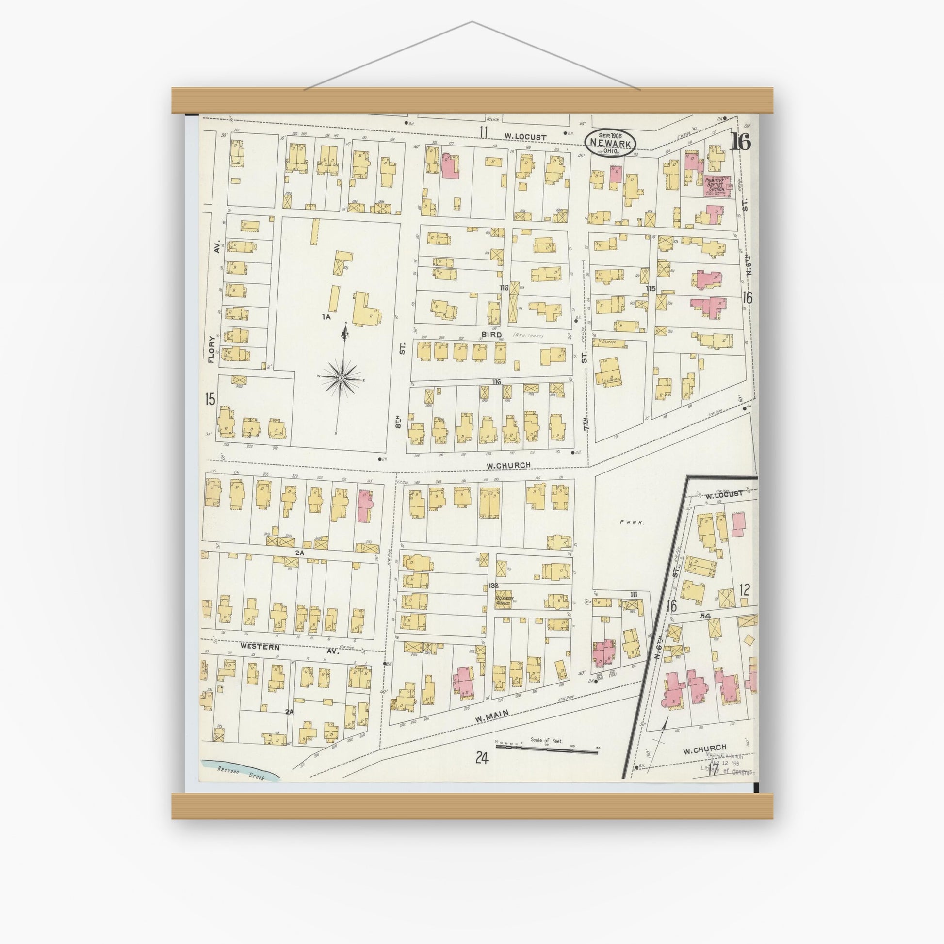 Old map wall art mockup — magnetic wood frame on white wall — Sanborn Fire Insurance Map from Newark, Licking County, Ohio (1905), Sheet #0016