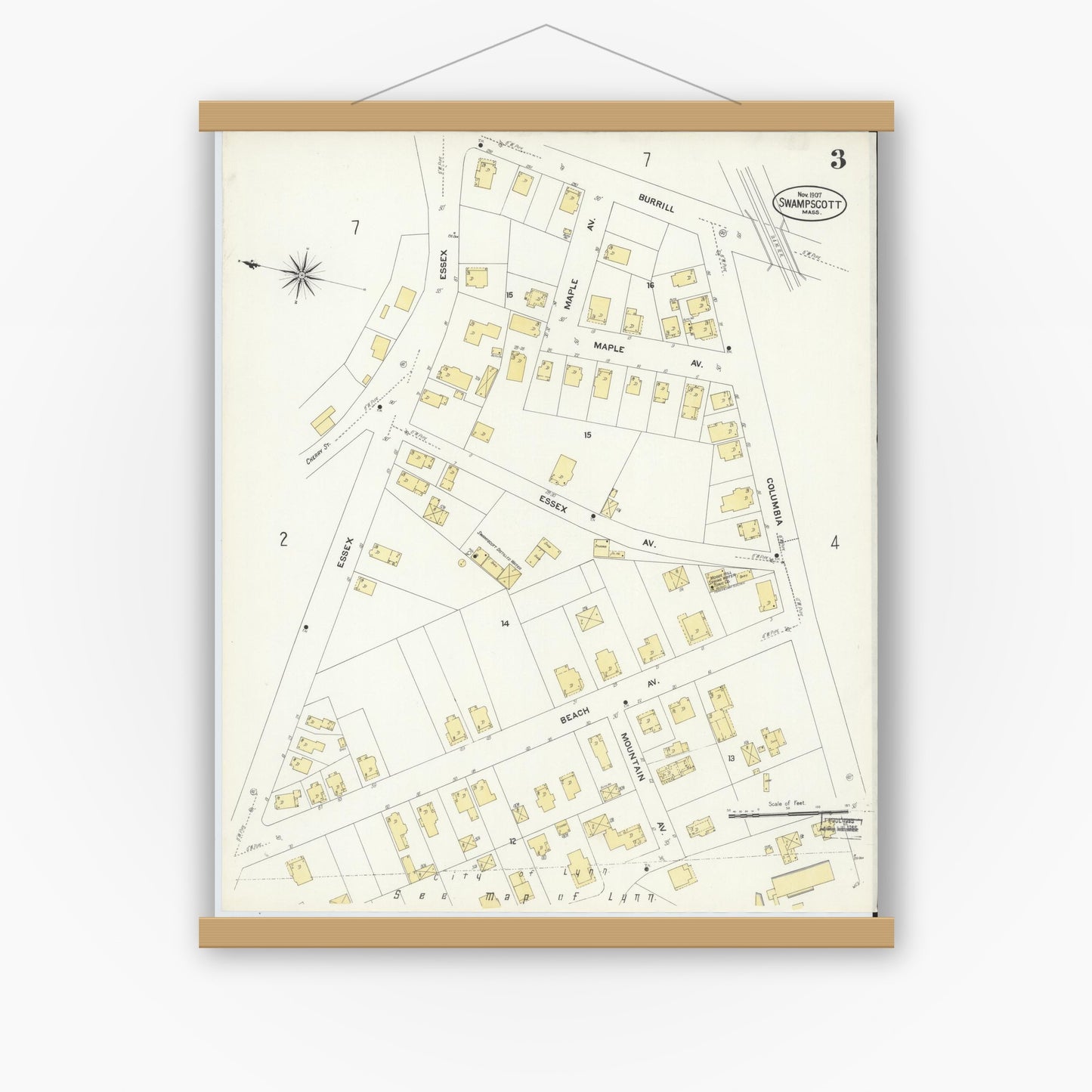 Old map wall art mockup — magnetic wood frame on white wall — Sanborn Fire Insurance Map from Swampscott, Essex County, Massachusetts (1907), Sheet #0003