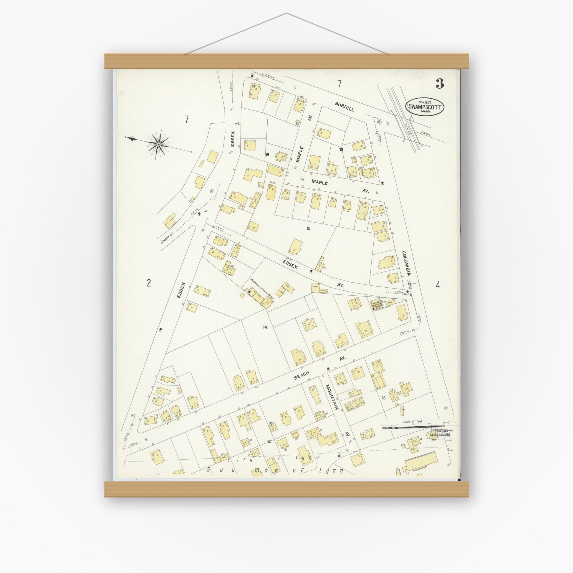 Old map wall art mockup — magnetic wood frame on white wall — Sanborn Fire Insurance Map from Swampscott, Essex County, Massachusetts (1907), Sheet #0003
