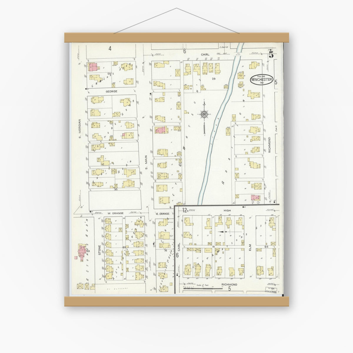Old map wall art mockup — magnetic wood frame on white wall — Sanborn Fire Insurance Map from Winchester, Randolph County, Indiana (1914), Sheet #0005