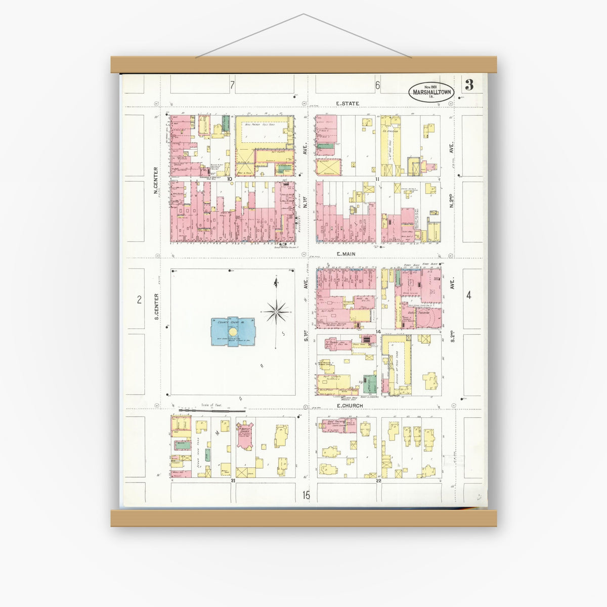 Old map wall art mockup — magnetic wood frame on white wall — Sanborn Fire Insurance Map from Marshalltown, Marshall County, Iowa (1901), Sheet #0003