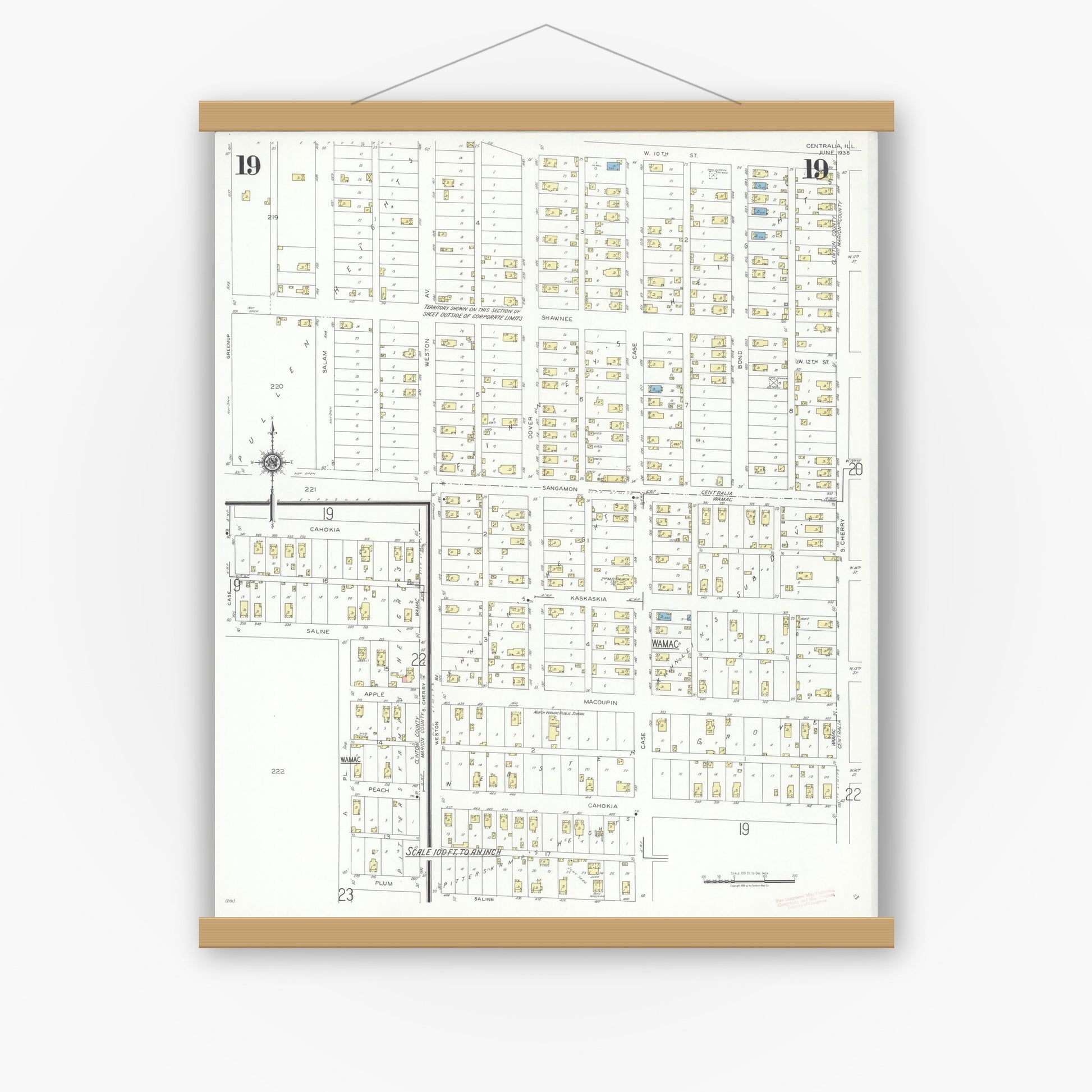 Old map wall art mockup — magnetic wood frame on white wall — Sanborn Fire Insurance Map from Centralia, Marion, Clinton, Jefferson, and Washington Counties, Illinois (1938), Sheet #0019