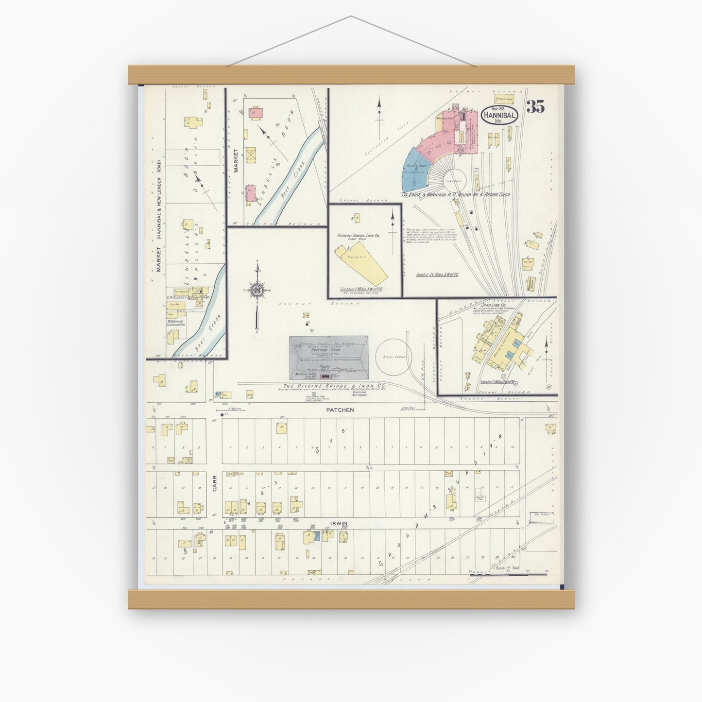 Old map wall art mockup — magnetic wood frame on white wall — Sanborn Fire Insurance Map from Hannibal, Marion County, Missouri (1913), Sheet #0035