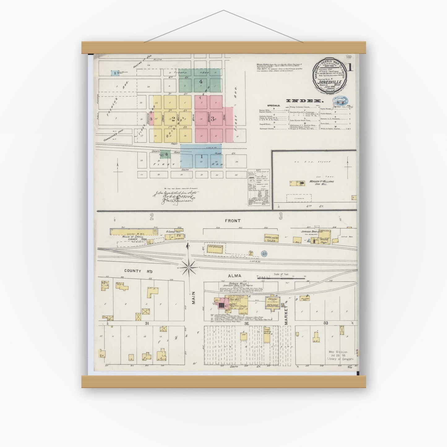 Old map wall art mockup — magnetic wood frame on white wall — Sanborn Fire Insurance Map from Janesville, Waseca County, Minnesota (1894), Sheet #0001