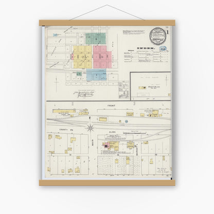 Old map wall art mockup — magnetic wood frame on white wall — Sanborn Fire Insurance Map from Janesville, Waseca County, Minnesota (1894), Sheet #0001