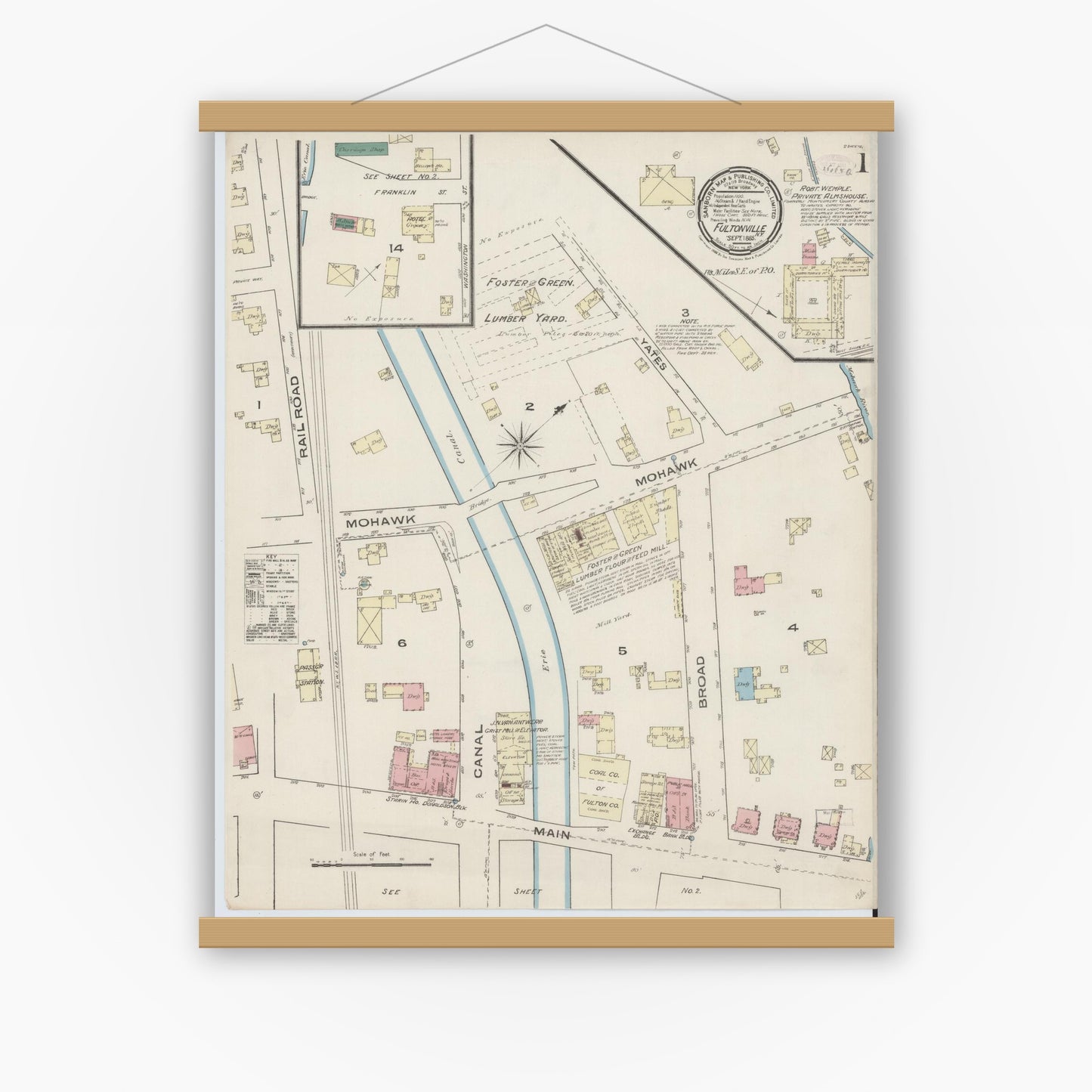 Old map wall art mockup — magnetic wood frame on white wall — Sanborn Fire Insurance Map from Fultonville, Montgomery County, New York (1885) - Complete Map Set