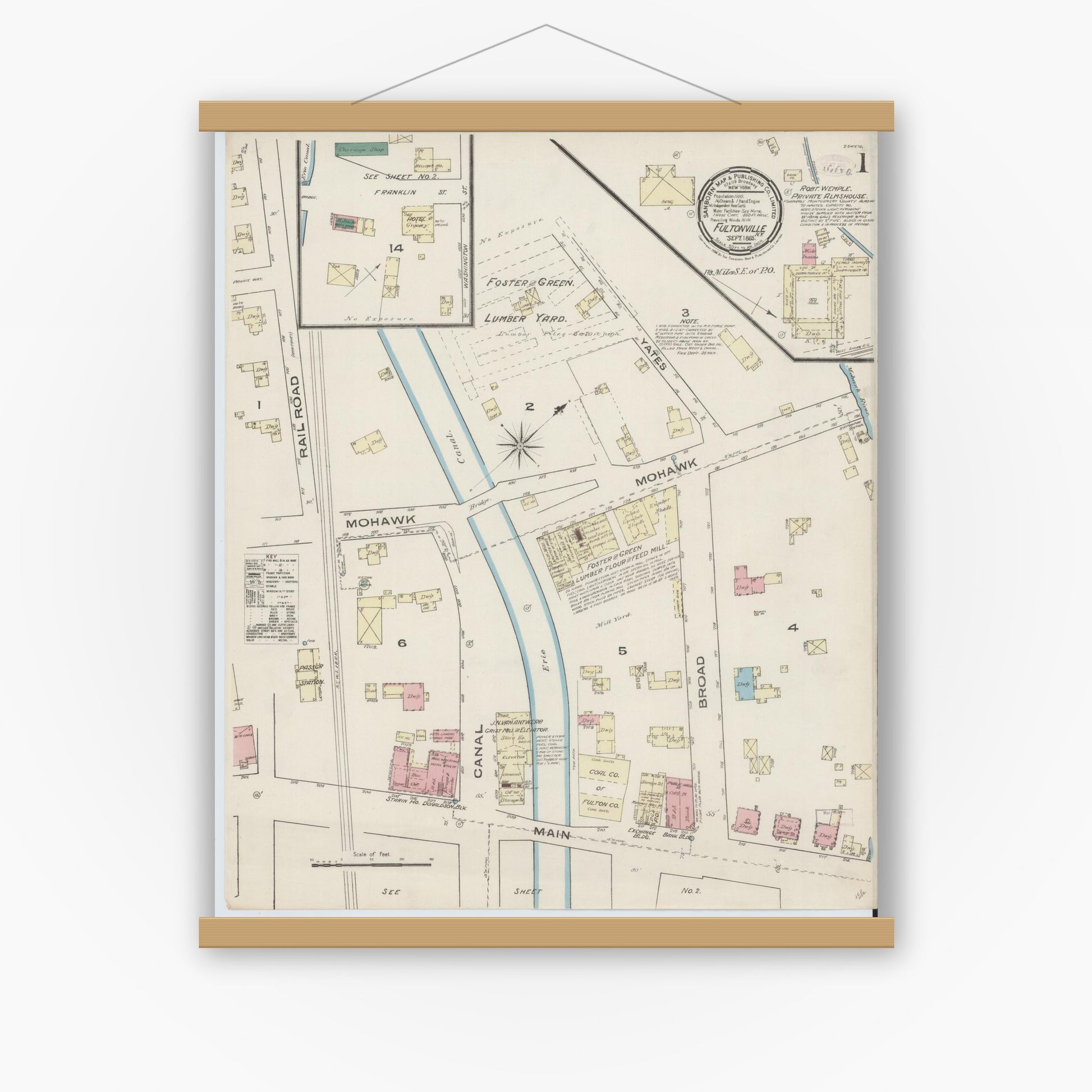 Old map wall art mockup — magnetic wood frame on white wall — Sanborn Fire Insurance Map from Fultonville, Montgomery County, New York (1885) - Complete Map Set